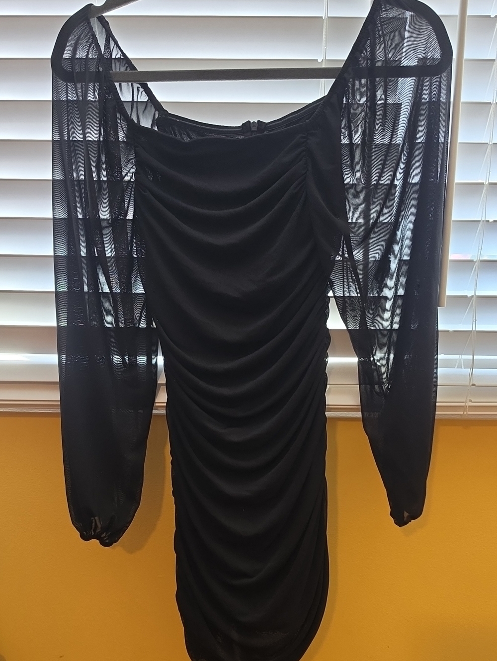 Black Ruched Mesh-Sleeve Women's Dress